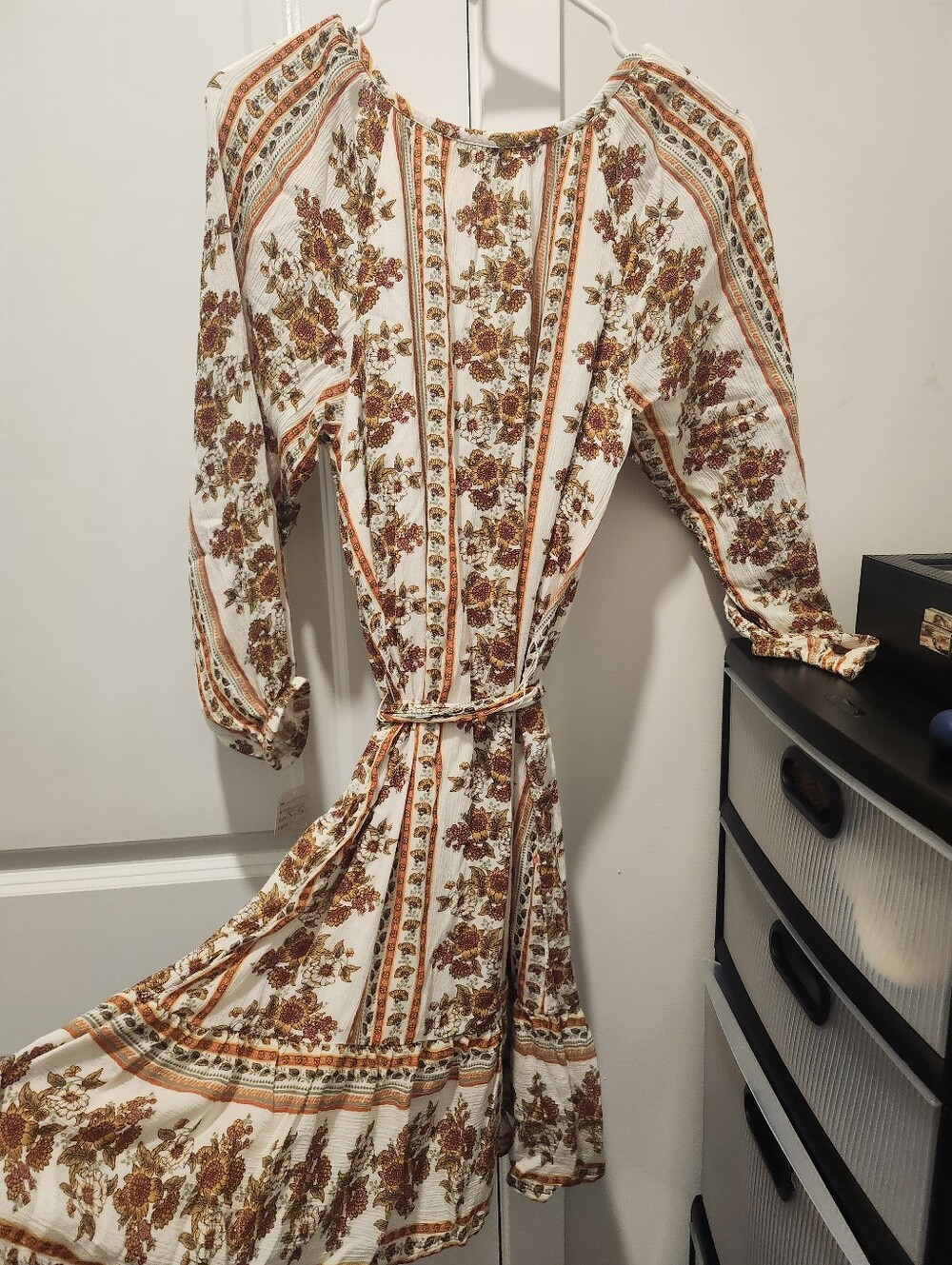 LOFT Floral Stripe Tie-Waist Midi Dress in Cream and Rust - Picture 3 of 5